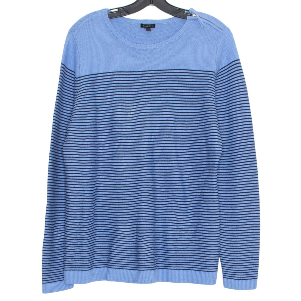 Talbots Sweater Coastal Preppy Nautical Casual Minimalist Stripe Blue Size Large